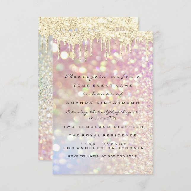 Invitation Glitter Drips Rose Gold  Mariage Douce 16e Lux (Devant / Derrière)