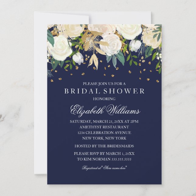 Invitation Glitter Floral Doré Brillante Réception de Mariage (Devant)