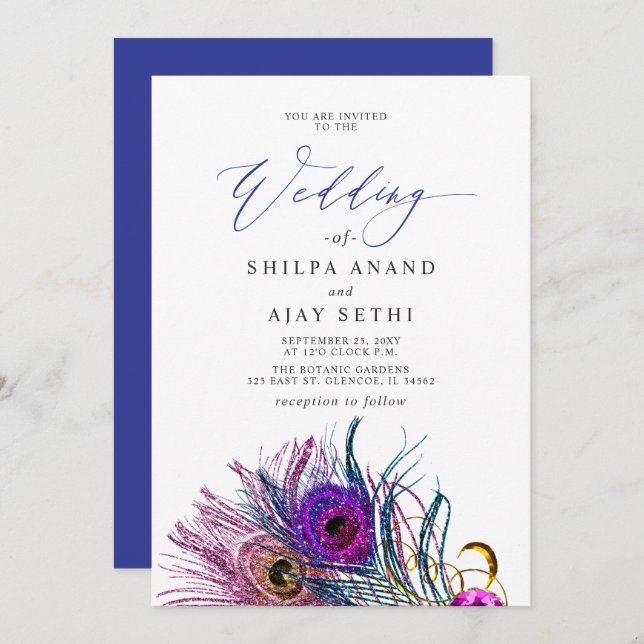 Invitation Glitter Gold Blue Purple Peacock Plume Wedding (Devant / Derrière)
