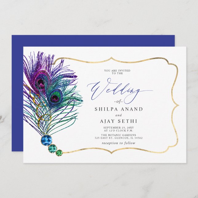 Invitation Glitter Gold Blue Purple Peacock Plume Wedding (Devant / Derrière)