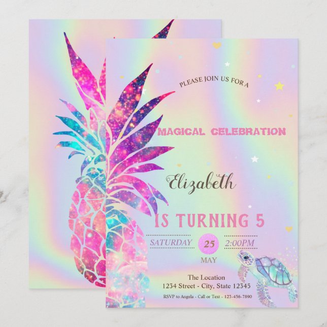 Invitation Glitter holographique élégant Tortue Ananas (Devant / Derrière)