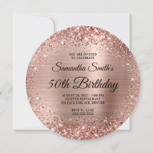Invitation Glitter Monogramme Or Rose Arrondi 50e Anniversair