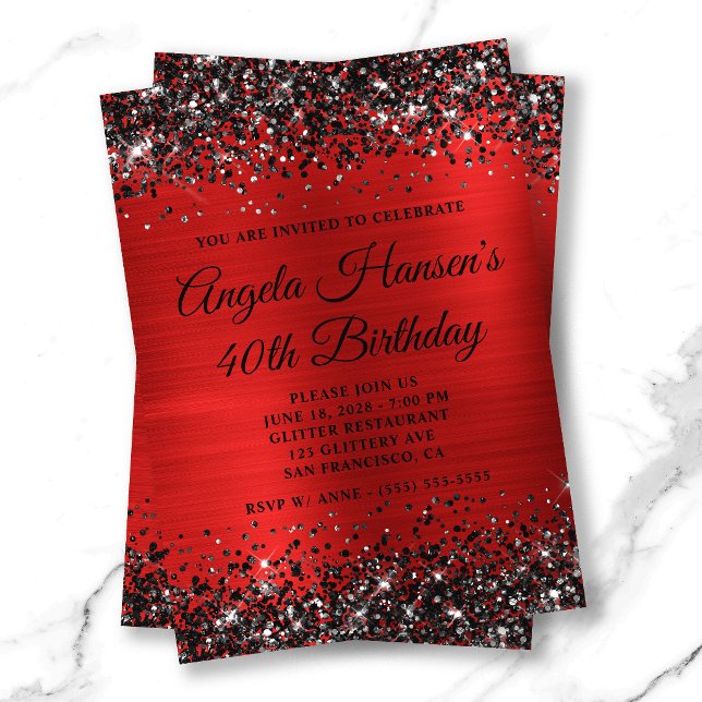 Invitation Glitter Noir Monogramme Anniversaire 40 Ans Papier (Black Glitter Red Foil Monogram 40th Birthday Invitation)