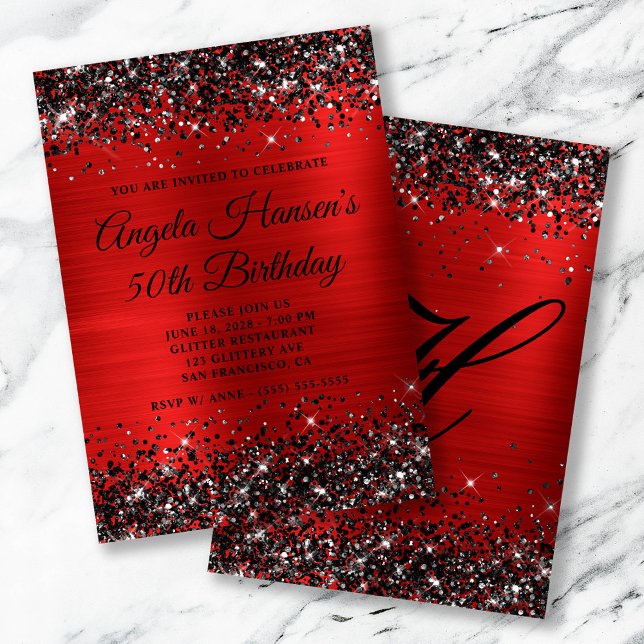 Invitation Glitter Noir Monogramme Anniversaire 50 Ans Papier (Black Glitter Red Foil Monogram 50th Birthday Invitation)