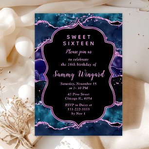 Invitation Glitter Ocean Agate Violet Bleu Marine Sweet Sixte