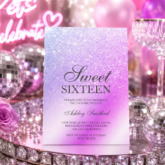Invitation Glitter Ombre Métallisé Rose Violet Chic Sweet 16