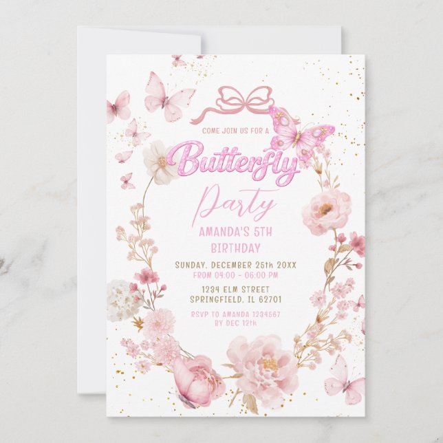 Invitation Glitter Pink Garden Watercolor Butterfly Birthday (Devant)