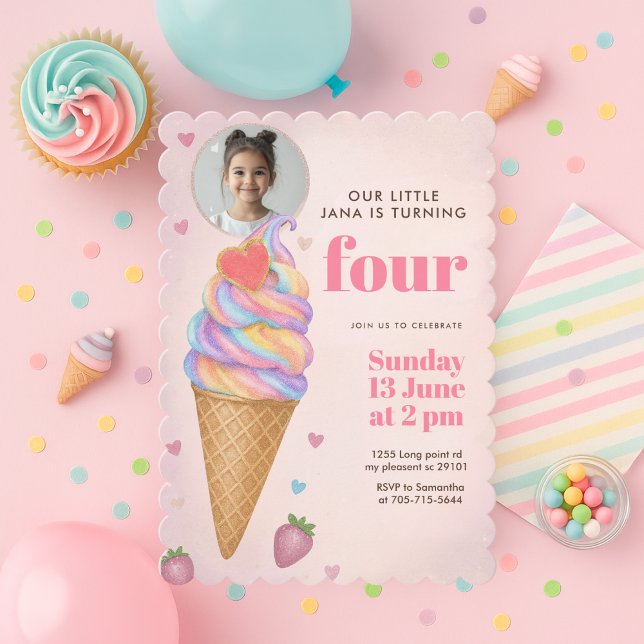 Invitation Glitter Rainbow Cornet de Glace Photo Anniversaire (Créateur téléchargé)
