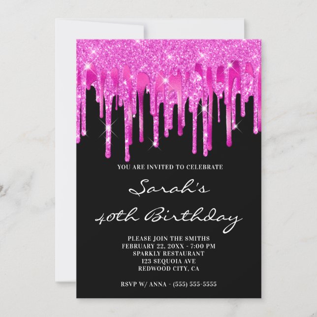 Invitation Glitter Rose Chaud Drips Feuille Noire 40e Anniver (Devant)