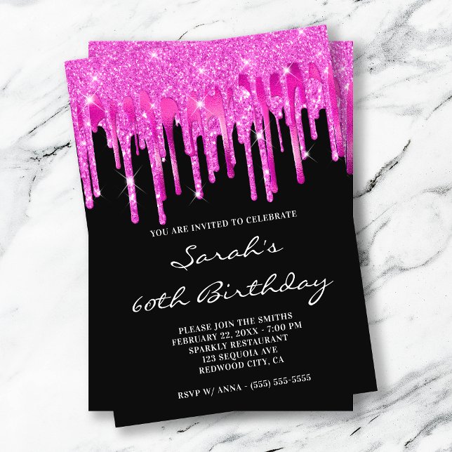 Invitation Glitter Rose Chaud Drips Noir 60e Anniversaire (Créateur téléchargé)