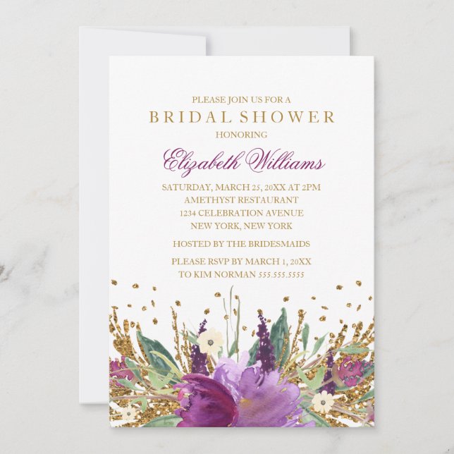 Invitation Glitter scintillant floral améthyste douche de mar (Devant)