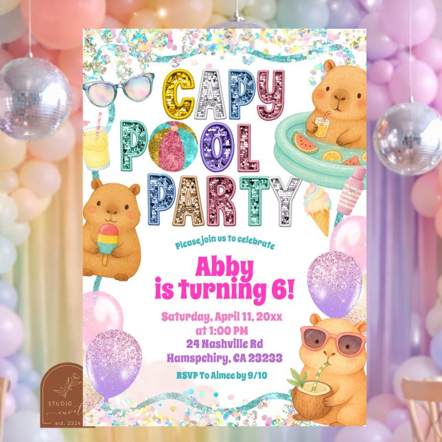 Invitation Glitter Sequin Capybara Pool Party Birthday invita (Créateur téléchargé)