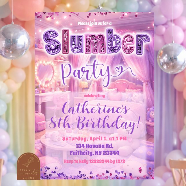 Invitation Glitter Sequin Pink Purple Sleepover Party (Créateur téléchargé)