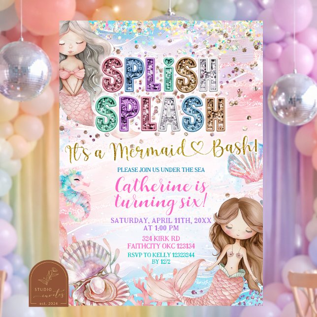 Invitation Glitter Sequin Splish Splash mermaid bash invitati (Créateur téléchargé)