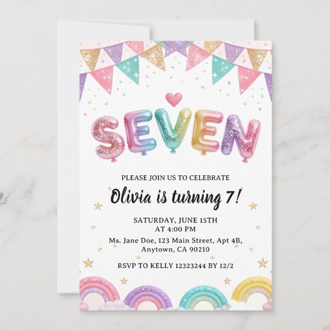 Invitation Glitter SEVEN Girly Rainbow Sequin 7th Birthday (Devant)
