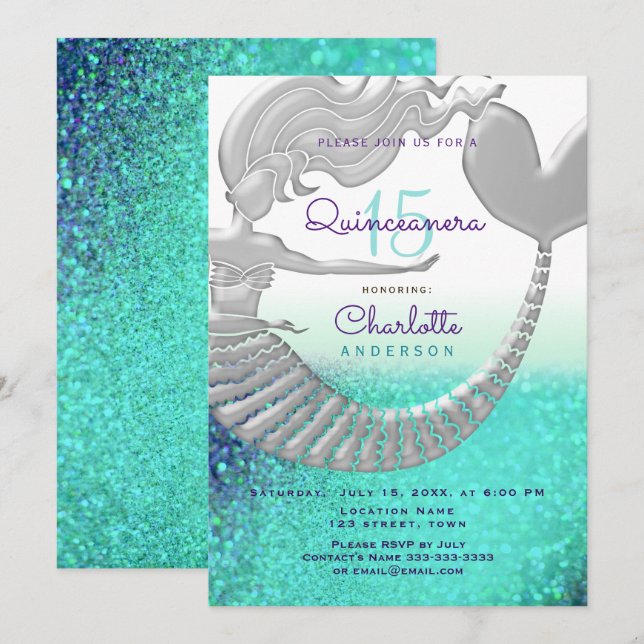 Invitation Glitter Sirène Quinceanera Anniversaire (Devant / Derrière)