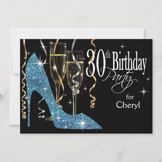 Invitation Glitter Stiletto Champagne 30e Anniversaire bleu b (Devant)