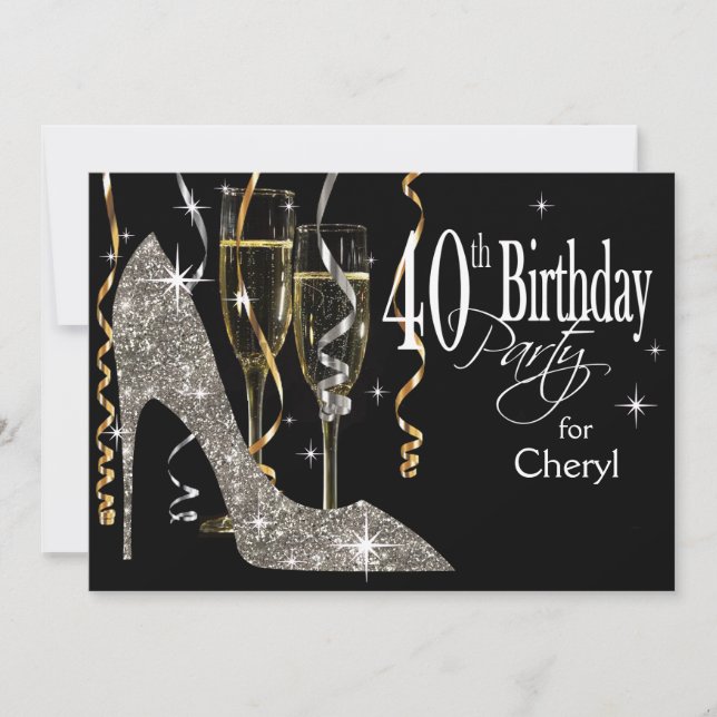 Invitation Glitter Stiletto Champagne 40e Anniversaire argent (Devant)