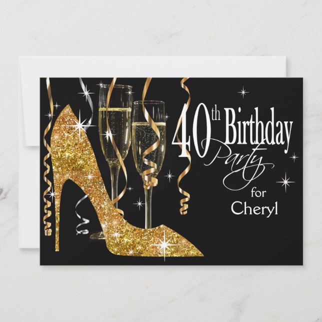 Invitation Glitter Stiletto Champagne 40e Anniversaire or (Devant)