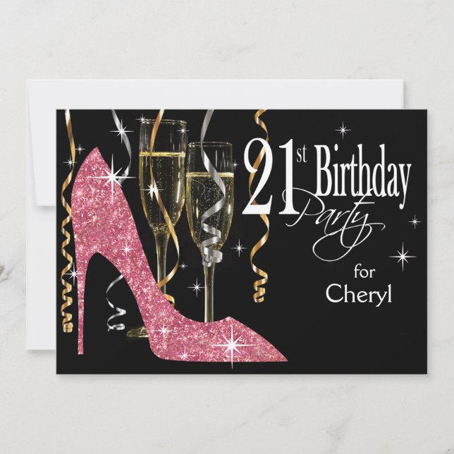 Invitation Glitter Stiletto Champagne Anniversaire 21 ans Ros (Devant)