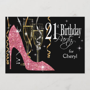 Invitation Glitter Stiletto Champagne Anniversaire 21 ans Ros