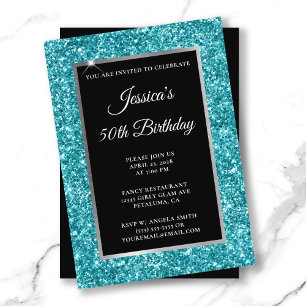 Invitation Glitter Turquoise Foncé Anniversaire 50 Ans Noir