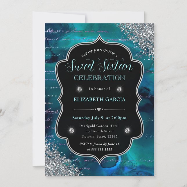 Invitation Glitter Turquoise Profond Lettres de Sirène Sweet  (Devant)