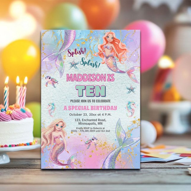 Invitation Glitter Under the Sea Mermaids 10th Birthday Party (Créateur téléchargé)
