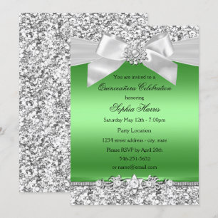 Invitation Glitter Vert Citron Argent Bijou Nœud Quinceanera