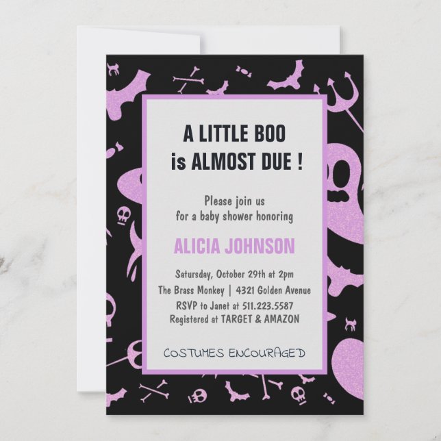 Invitation Glitter Violet Fantôme Octobre Baby Shower Hallowe (Devant)