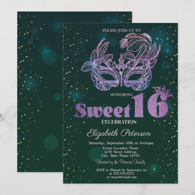 Invitation Glitter Violet Masque Vert Sweet 16  (Devant / Derrière)