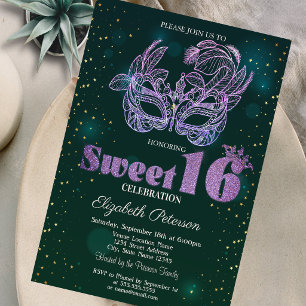 Invitation Glitter Violet Masque Vert Sweet 16 