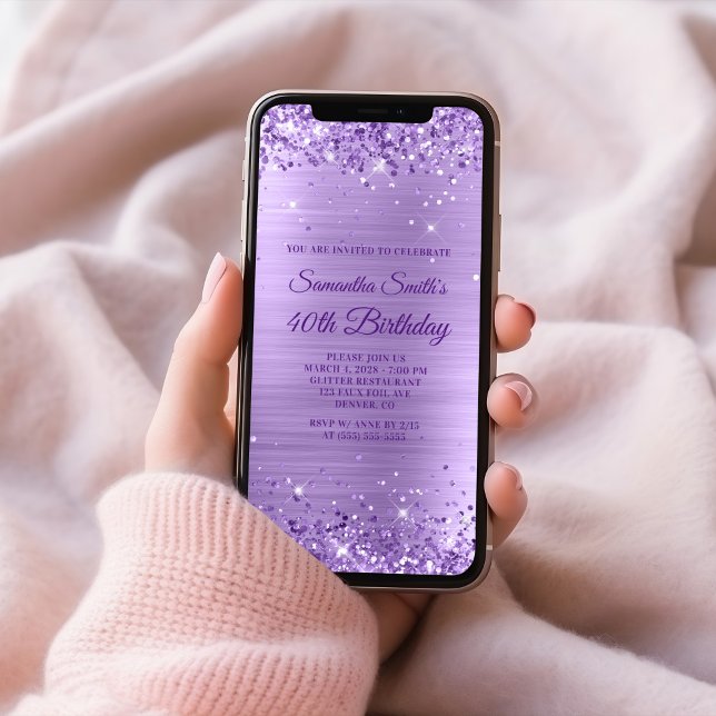 Invitation Glitter Violet Royal Améthyste Feuille 40e Anniver (Royal Purple Glitter Amethyst Foil 40th Birthday Invitation)
