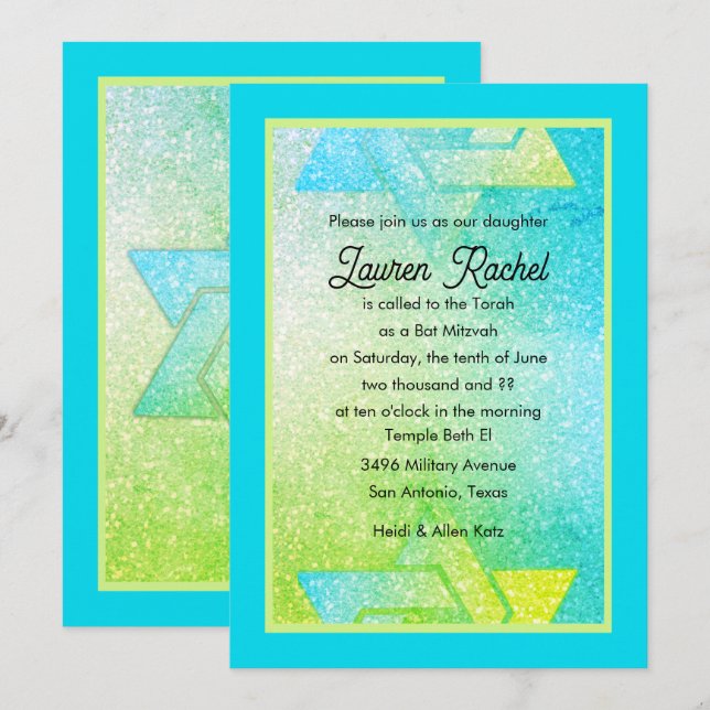 Invitation Glitterie Bat mitzvah de dégradé Turquoise Lime In (Devant / Derrière)