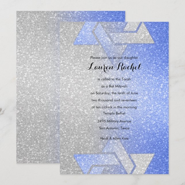 Invitation Glitterie Bat mitzvah dégradé bleu (Devant / Derrière)
