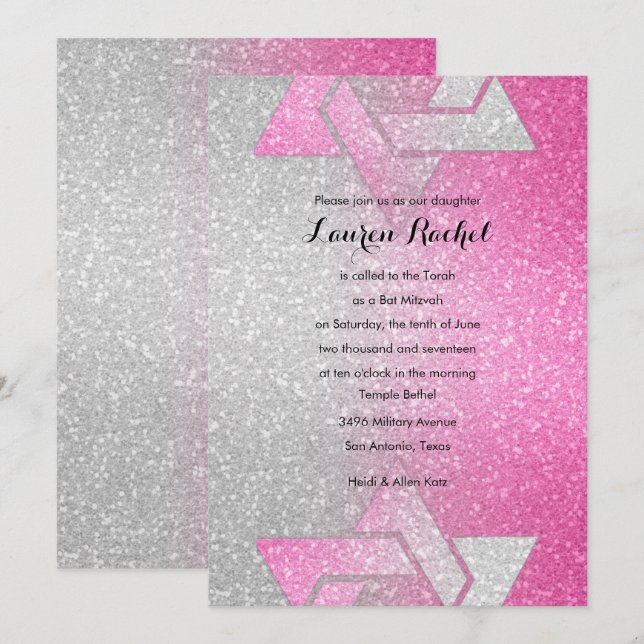 Invitation Glitterie Bat mitzvah rayonnant rose chaud (Devant / Derrière)