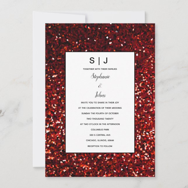 Invitation Glitterie Bourgogne Rouge Maroon Noir Mariage mode (Devant)