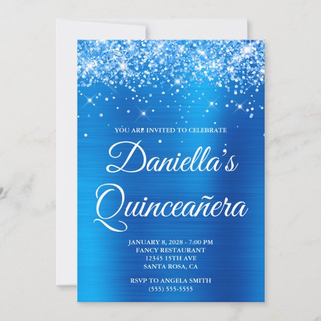 Invitation Glitterie brillante Bleu brillant Foil Quinceañera (Devant)