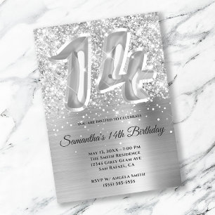 Invitation Glitterie brillante en argent 14e anniversaire