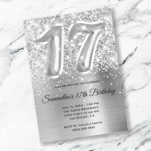 Invitation Glitterie brillante en argent 17e anniversaire