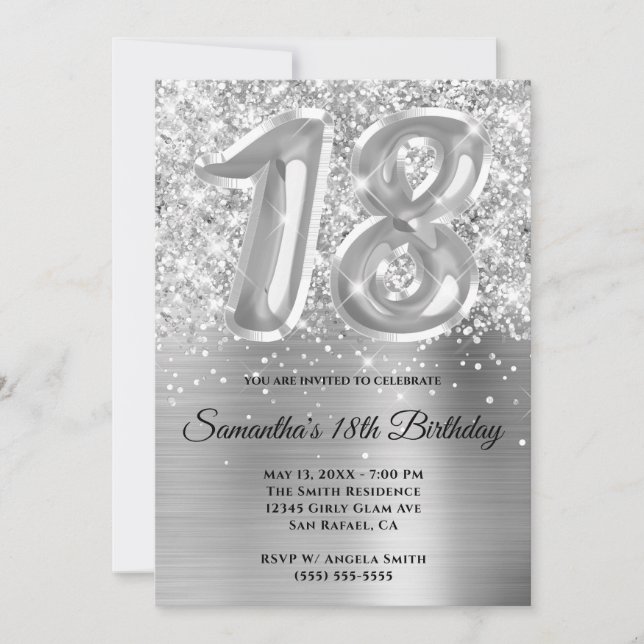 Invitation Glitterie brillante en argent 18e anniversaire (Devant)