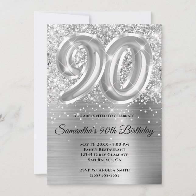 Invitation Glitterie brillante en argent 90e anniversaire (Devant)