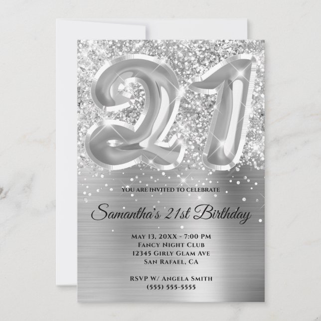 Invitation Glitterie brillante en argent glam 21e anniversair (Devant)