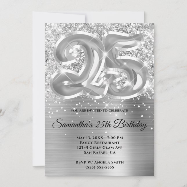 Invitation Glitterie brillante en argent glam 25e anniversair (Devant)