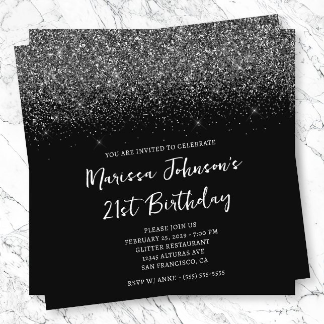 Invitation Glitterie brillante Noire 21e anniversaire (Sparkly Glittery Black 21st Birthday Invitation)