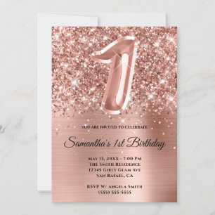 Invitation Glitterie brillante Rose or glam 1er anniversaire