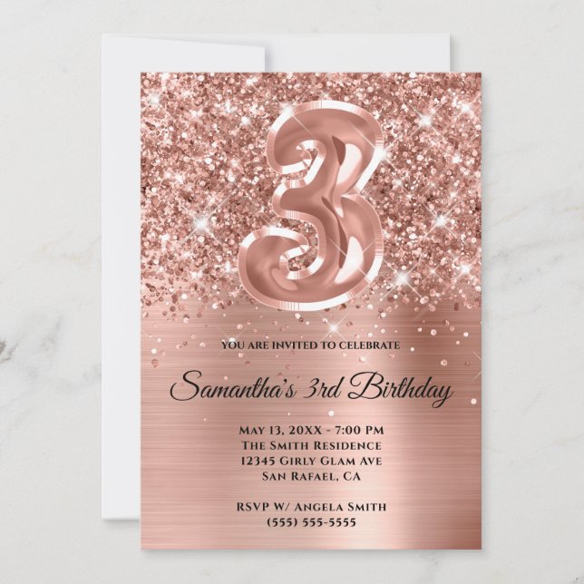 Invitation Glitterie brillante Rose or glam 3e anniversaire (Devant)