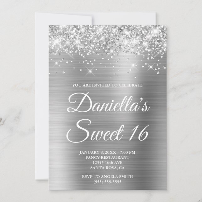 Invitation Glitterie brillante Silver Foil Sweet 16 (Devant)