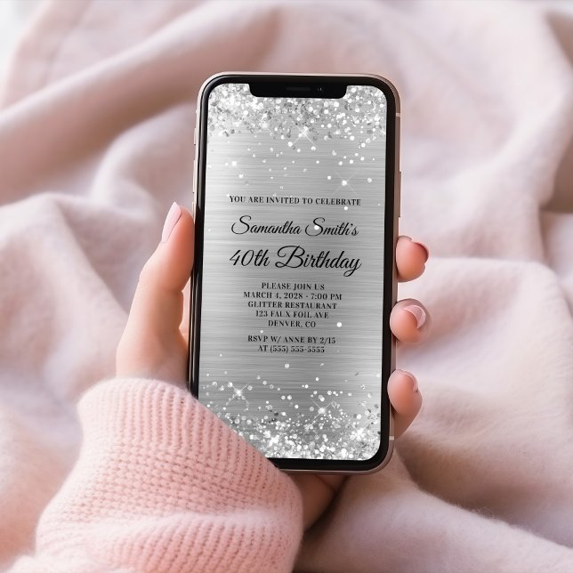 Invitation Glitterie broyée huile d'argent 40e anniversaire (Glittery Brushed Silver Foil 40th Birthday Invitation)