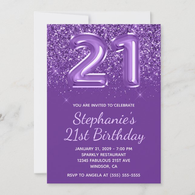 Invitation Glitterie étincelante Royal Purple Numéro 21 Anniv (Devant)